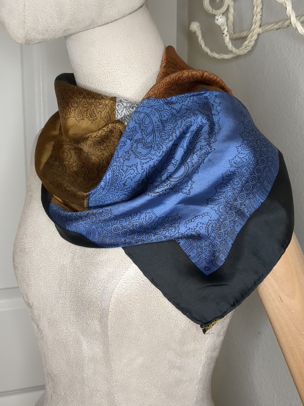 Vintage 70s Ciros Pure Silk Scarf Metallic Color Block Hand Rolled Japan